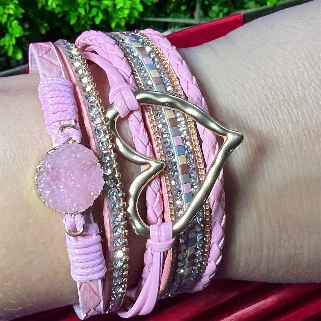 Pink Heart Leather Wrap Bracelet With Magnetic Clasp 12$